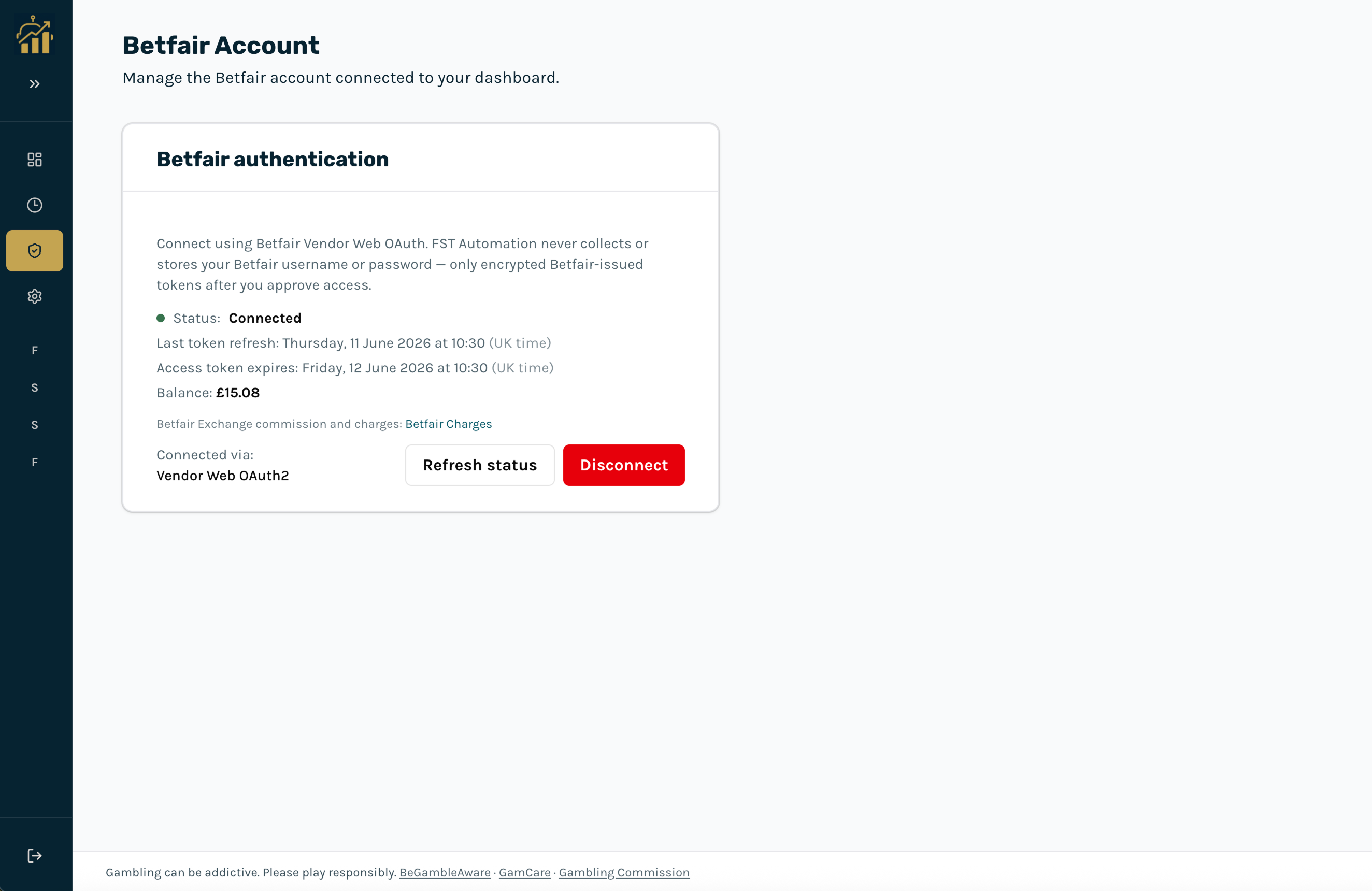 Betfair settings page : connection status, balance, Connect and Disconnect buttons