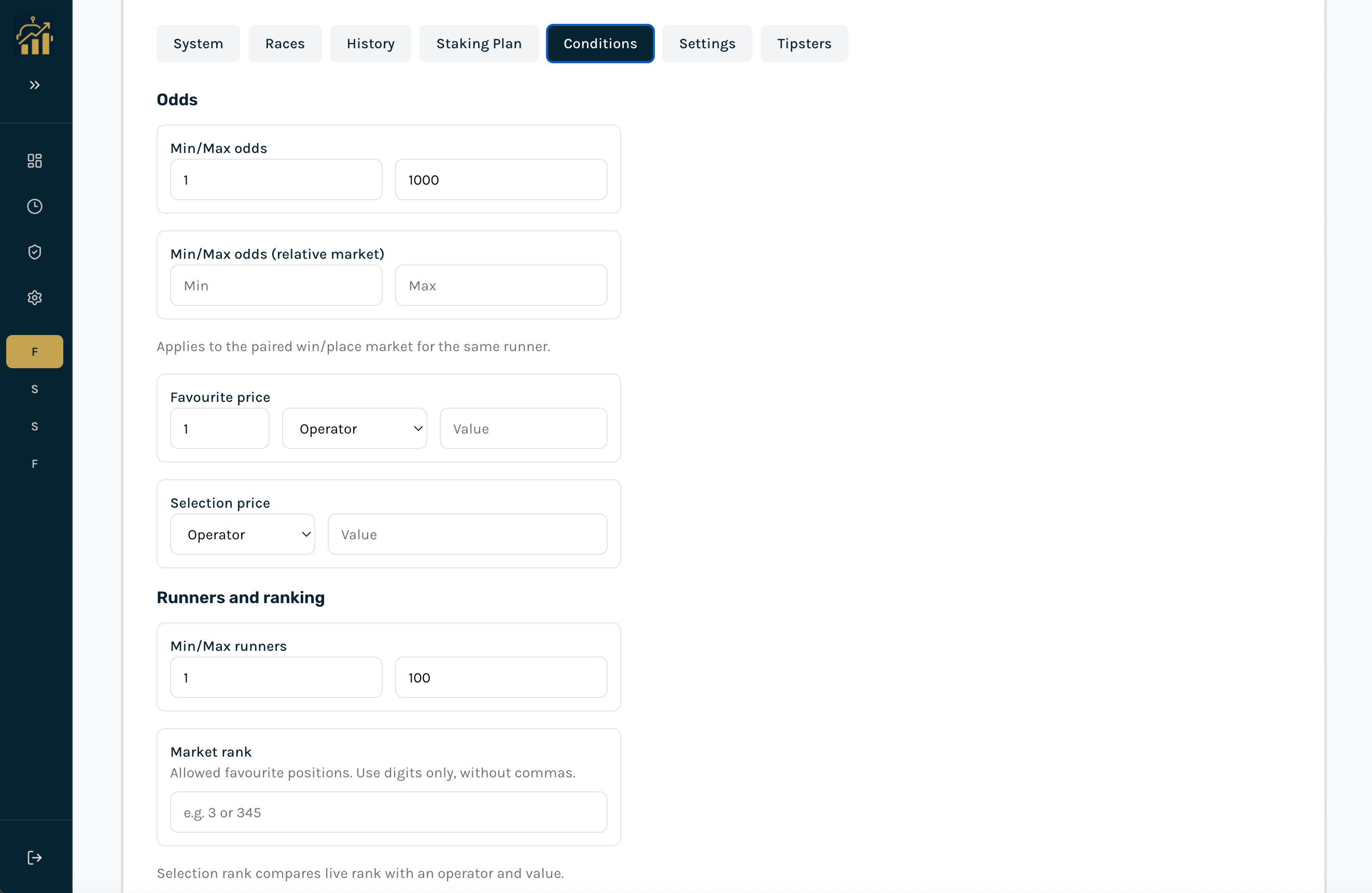 Conditions tab : odds, runners, market rank, and liquidity sections