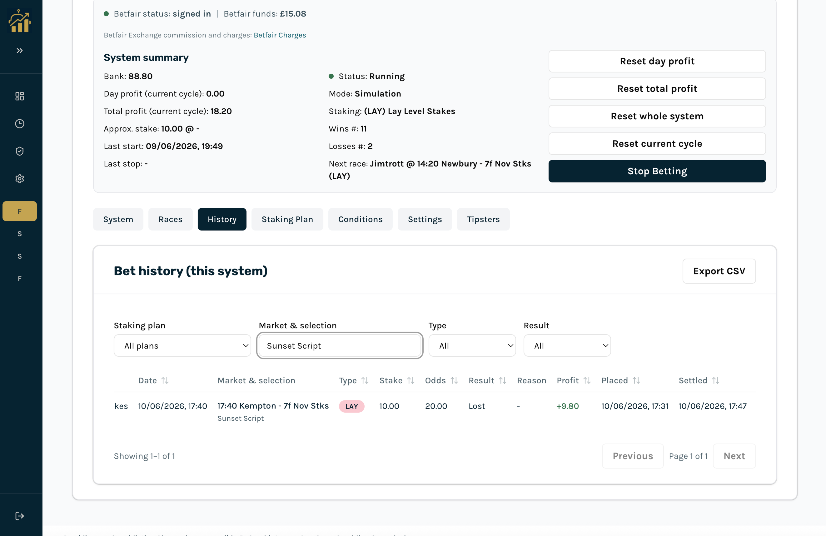 History tab : bet table with filters, stake, odds, result, and profit columns