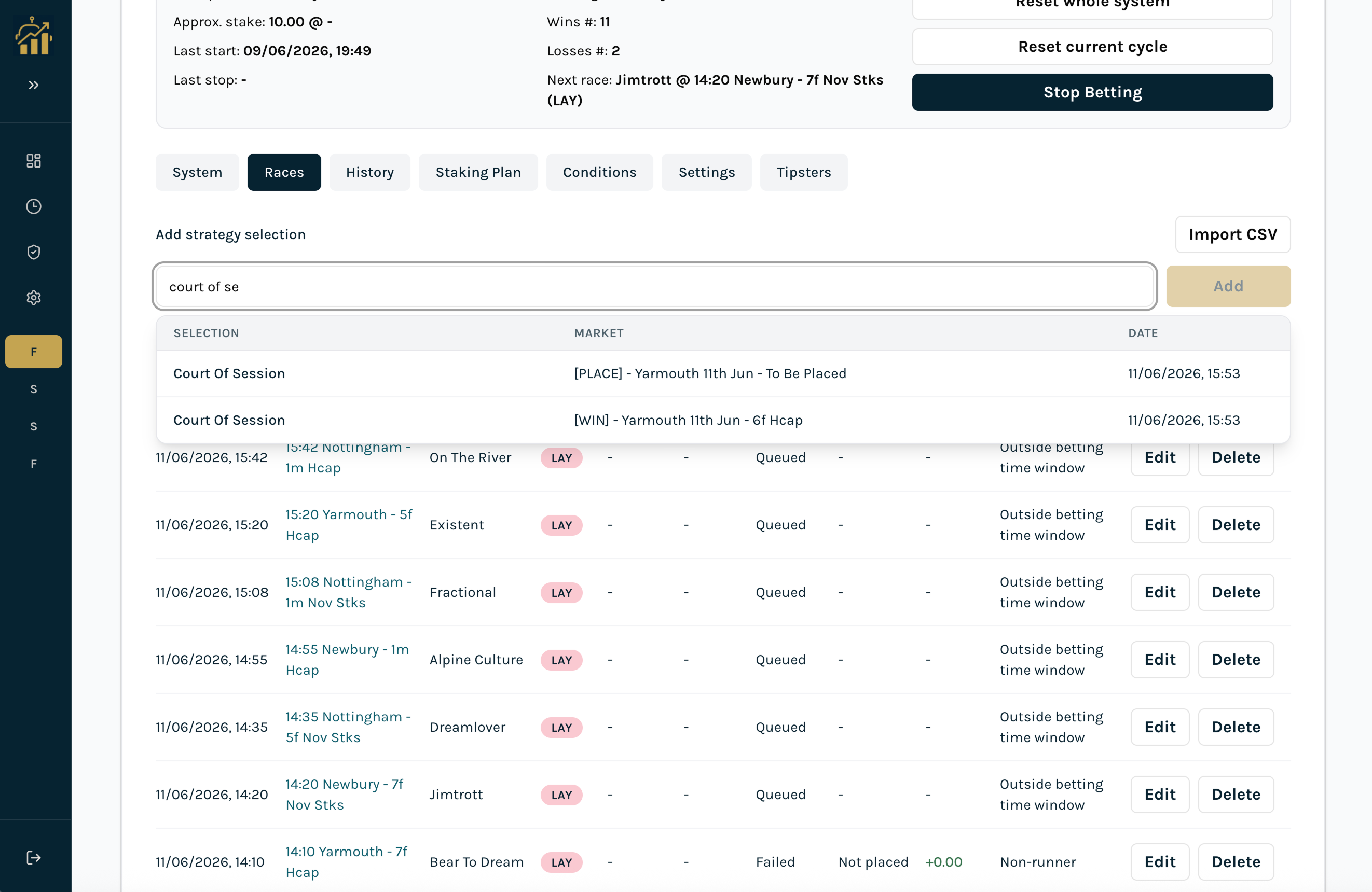 Add selection / market search dialog : search query and matched markets