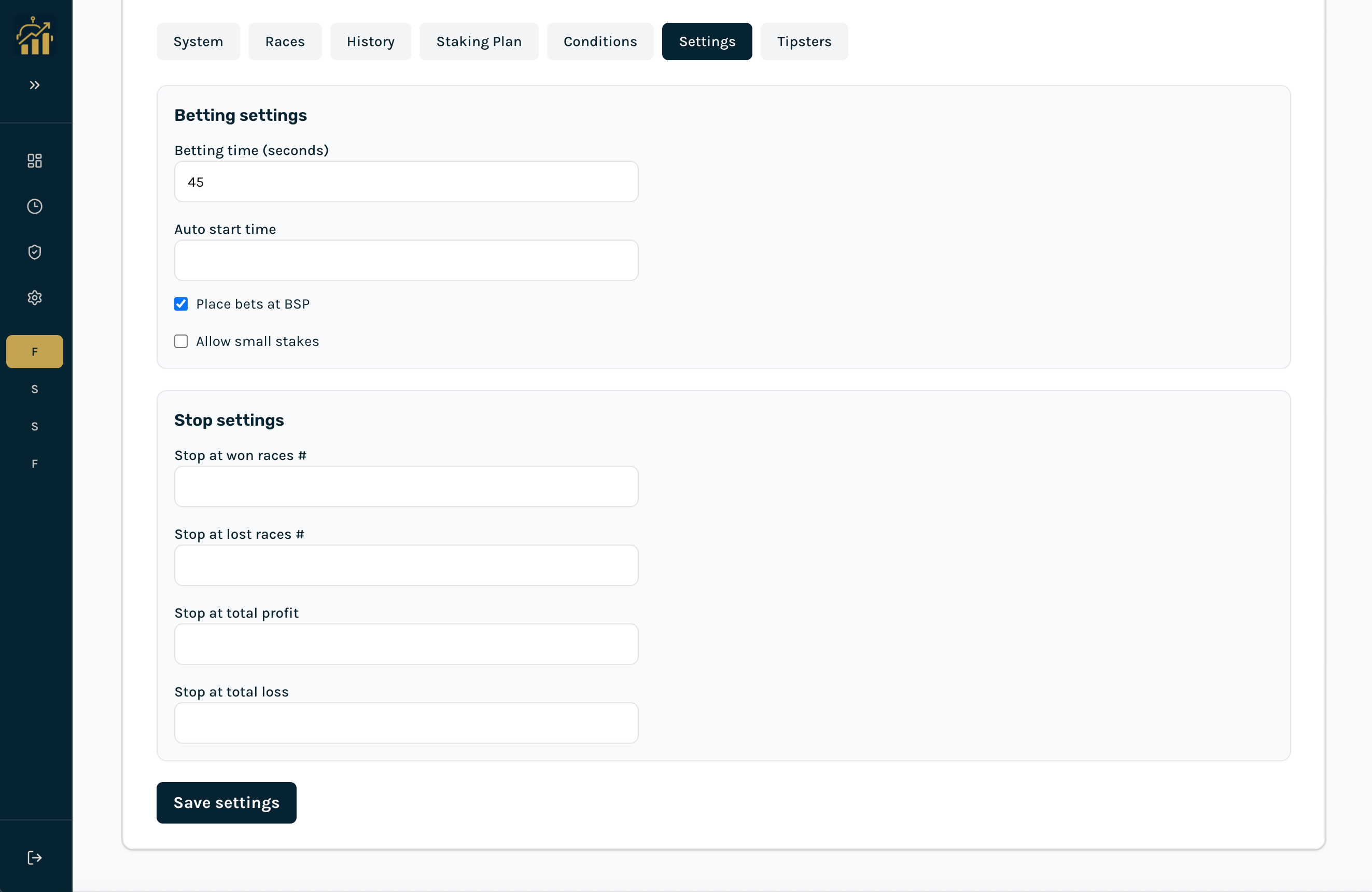 Settings tab : betting time, auto start, Place bets at BSP, stop rules