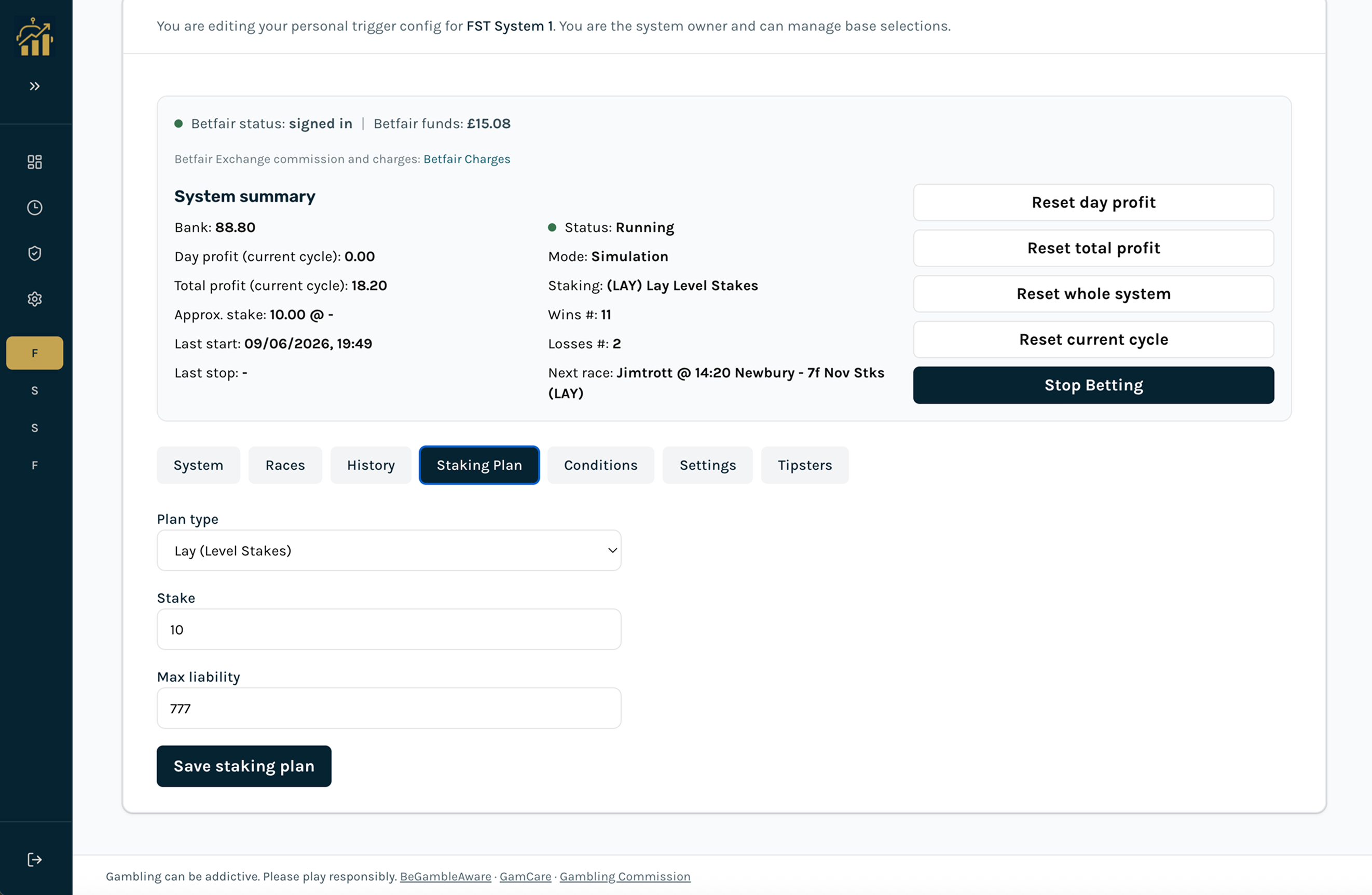 Staking Plan tab : plan type dropdown and stake/liability fields