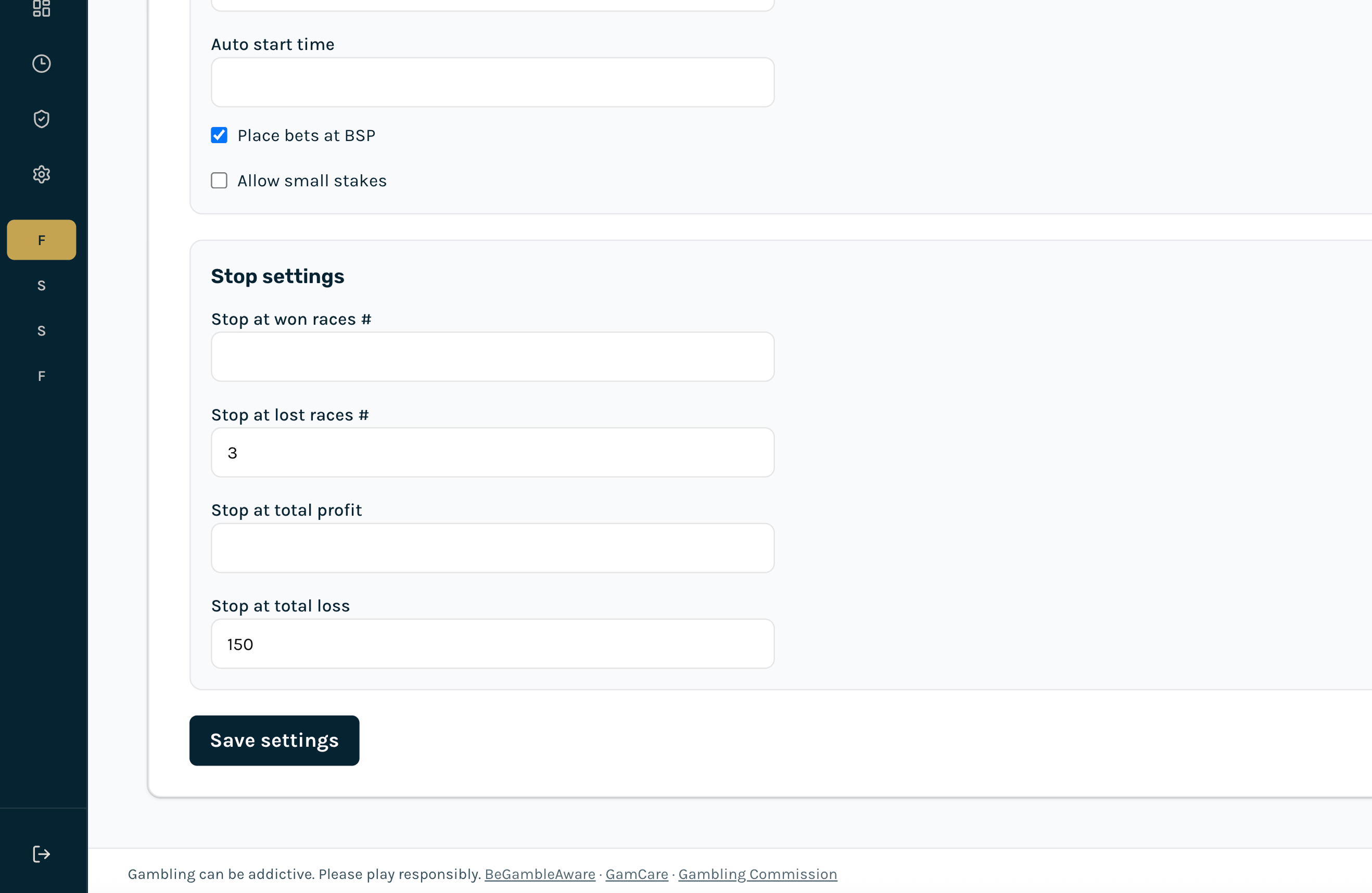 Stop settings section : stop at won races, total profit and loss fields