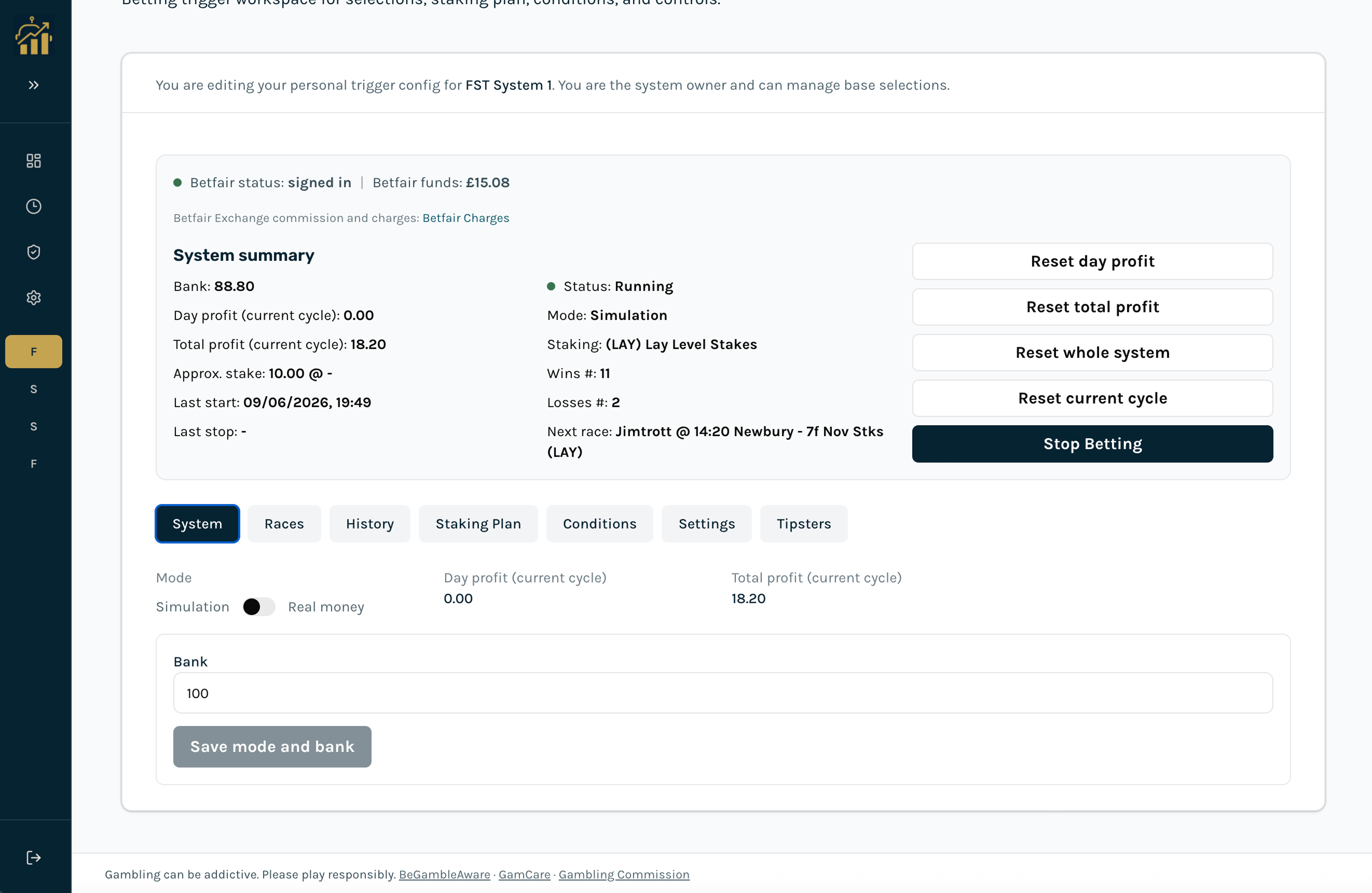 System tab : Simulation/Real money toggle, bank field, Save mode and bank