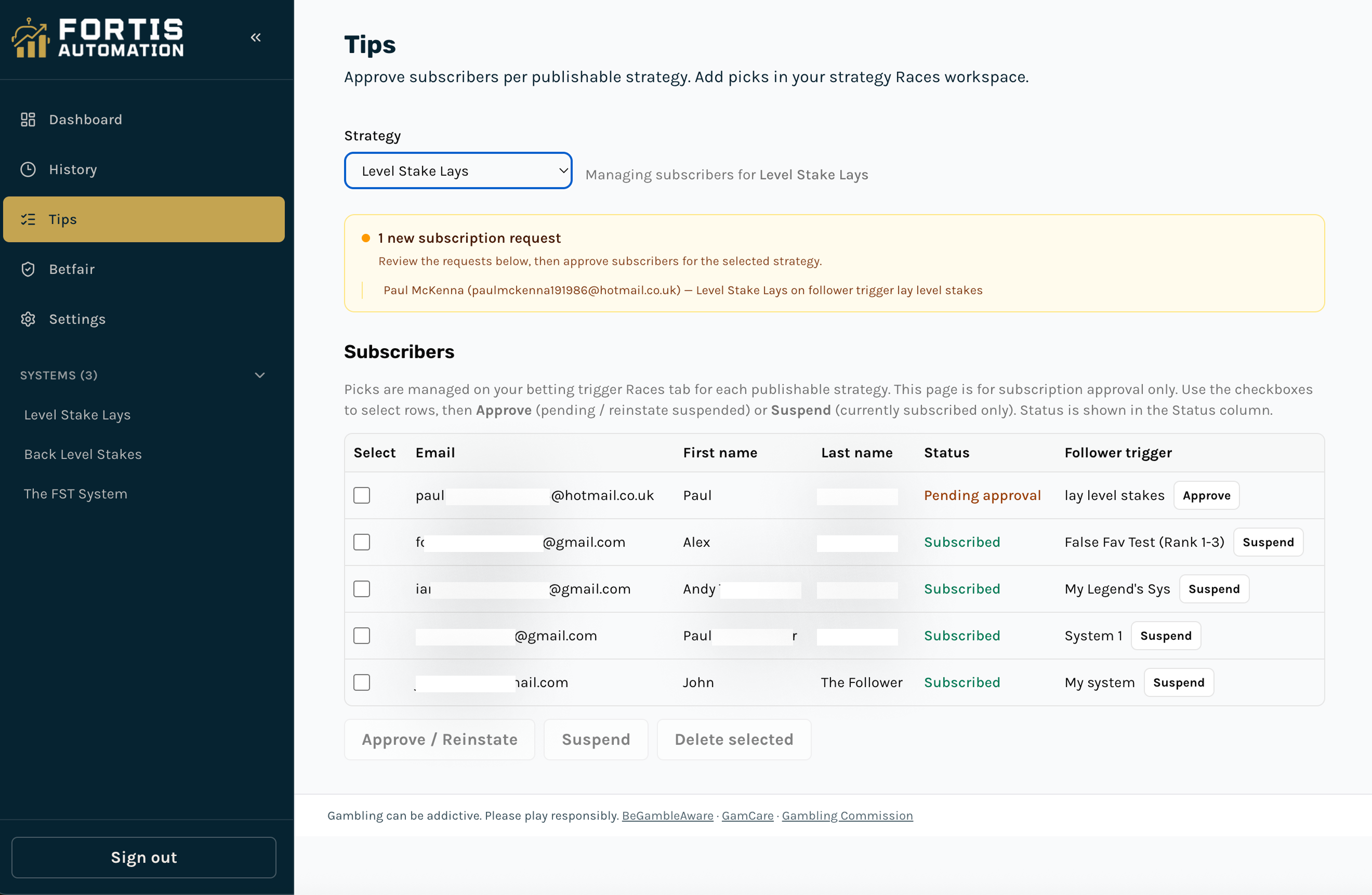 Tipsters tab : list of strategies, subscription status, Request access